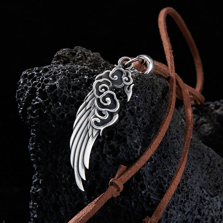 Buddha Stones925スターリングシルバー 縁起の良い雲の翼 コットンロープ 鹿革ロープネックレスペンダント