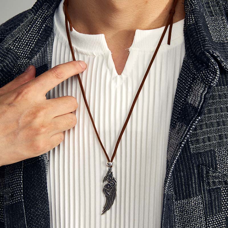 Buddha Stones925スターリングシルバー 縁起の良い雲の翼 コットンロープ 鹿革ロープネックレスペンダント