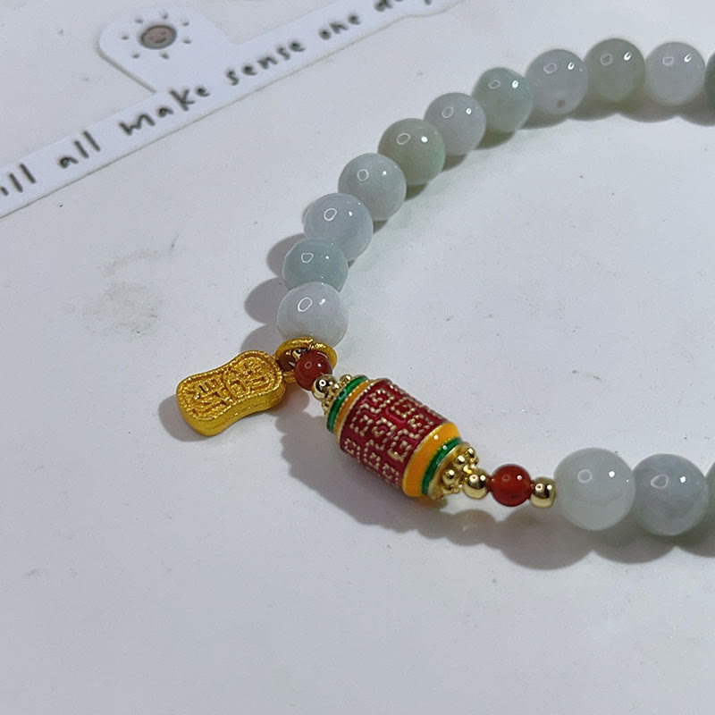Buddha Stonesチベット天然翡翠 福文字 祈りの輪 繁栄と豊穣のブレスレット