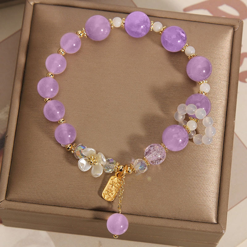 Buddha Stones 天然ブルークォーツ＆アメジスト＆カルセドニーフラワーモチーフ ヒーリングブレスレット