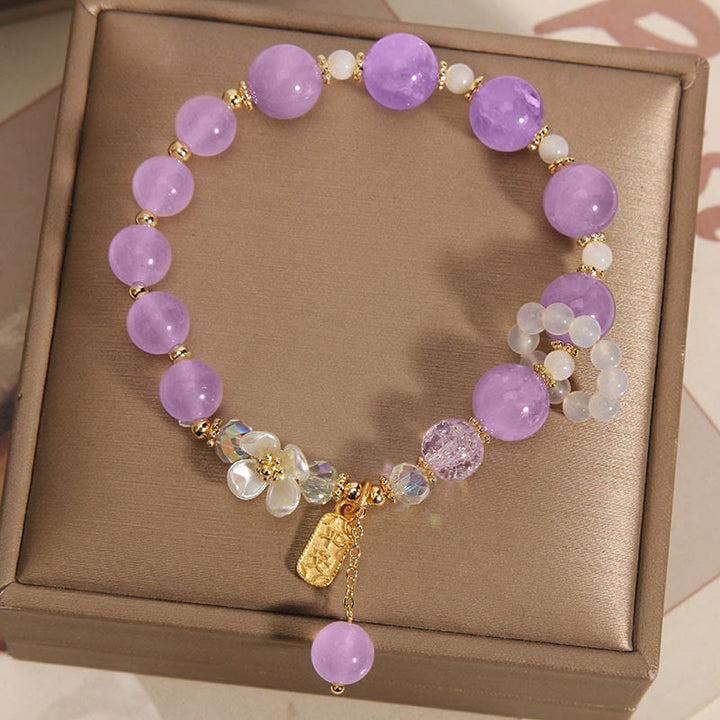 Buddha Stones 天然ブルークォーツ＆アメジスト＆カルセドニーフラワーモチーフ ヒーリングブレスレット
