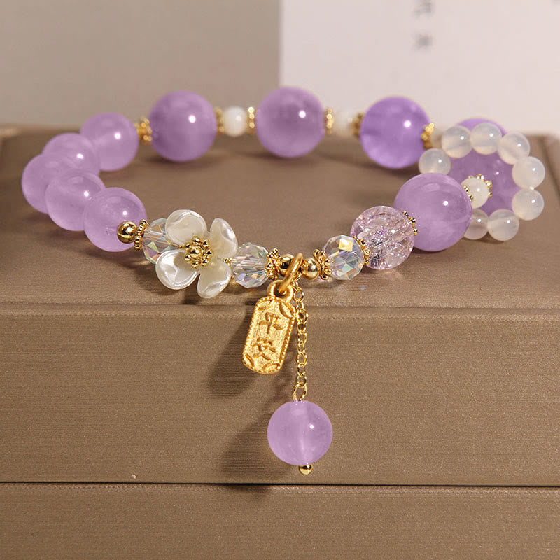 Buddha Stones 天然ブルークォーツ＆アメジスト＆カルセドニーフラワーモチーフ ヒーリングブレスレット