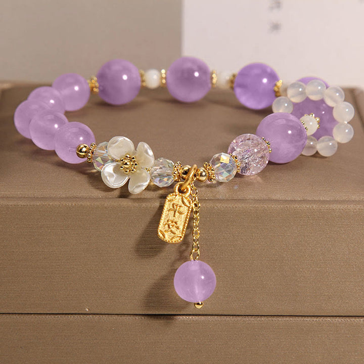 Buddha Stones 天然ブルークォーツ＆アメジスト＆カルセドニーフラワーモチーフ ヒーリングブレスレット