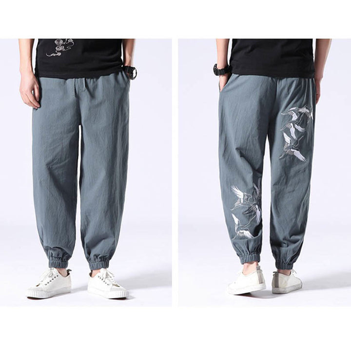 Buddha Stonesの白鶴刺繍デザイン ドローストリング メンズ ハーレムパンツ ポケット付き - image 5