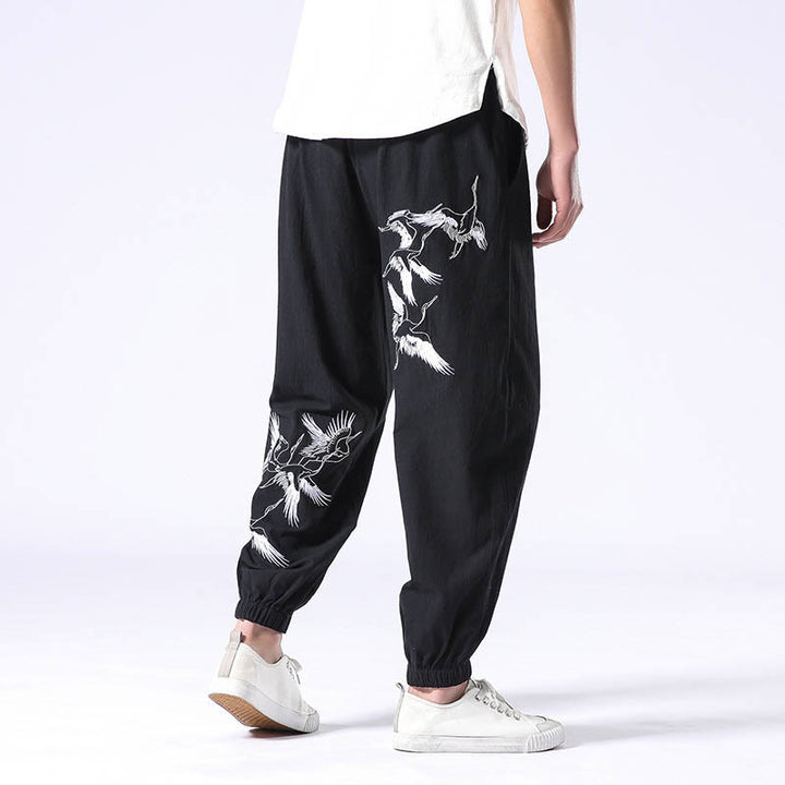 Buddha Stonesの白鶴刺繍デザイン ドローストリング メンズ ハーレムパンツ ポケット付き - 黒 - US/UK/AU42、 EU52 (3XL) - image 6