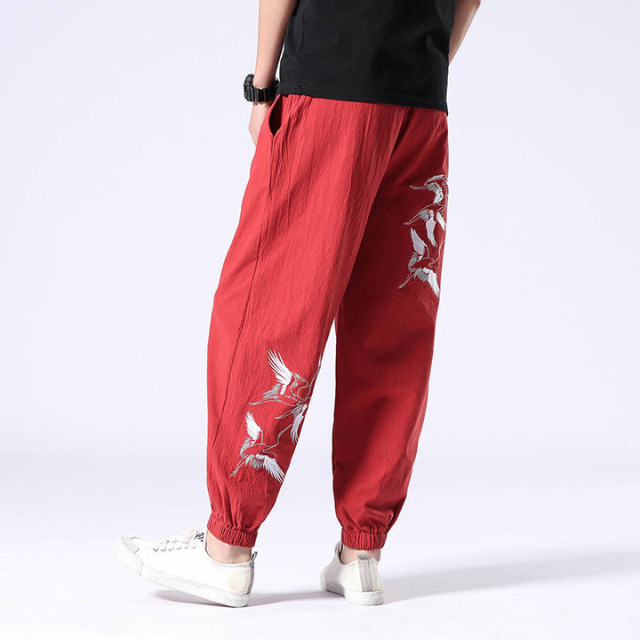 Buddha Stonesの白鶴刺繍デザイン ドローストリング メンズ ハーレムパンツ ポケット付き - 赤 - US/UK/AU42、 EU52 (3XL) - image 12