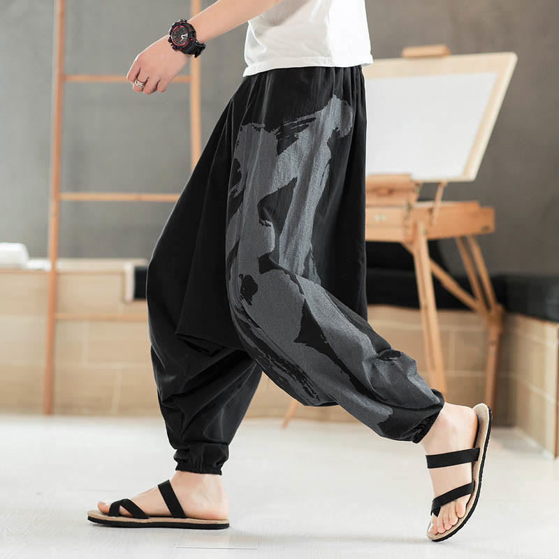 Buddha Stonesシンプル 夏 カリグラフィー コットン メンズ ハーレムパンツ ポケット付き - 黒 - US/UK/AU46、 EU56 (5XL) - image 0