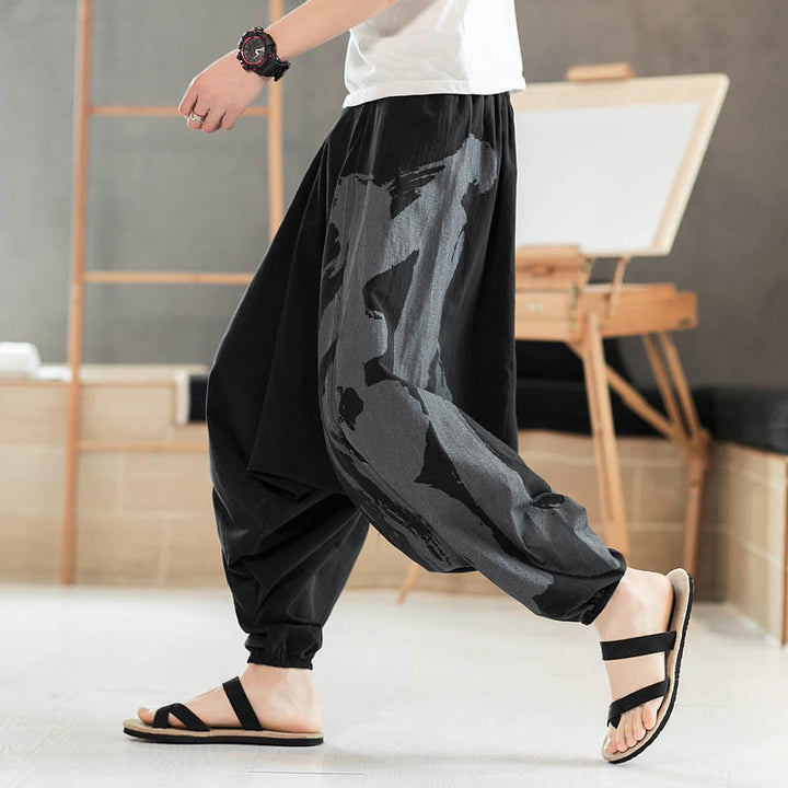 Buddha Stonesシンプル 夏 カリグラフィー コットン メンズ ハーレムパンツ ポケット付き - 黒 - US/UK/AU46、 EU56 (5XL) - image 0
