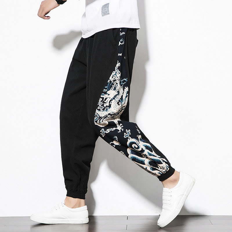 Buddha Stones夏 ドラゴンウェーブ コットン メンズ ポケット付きパンツ - 黒 - US/UK/AU46、 EU56 (5XL)  - image 9