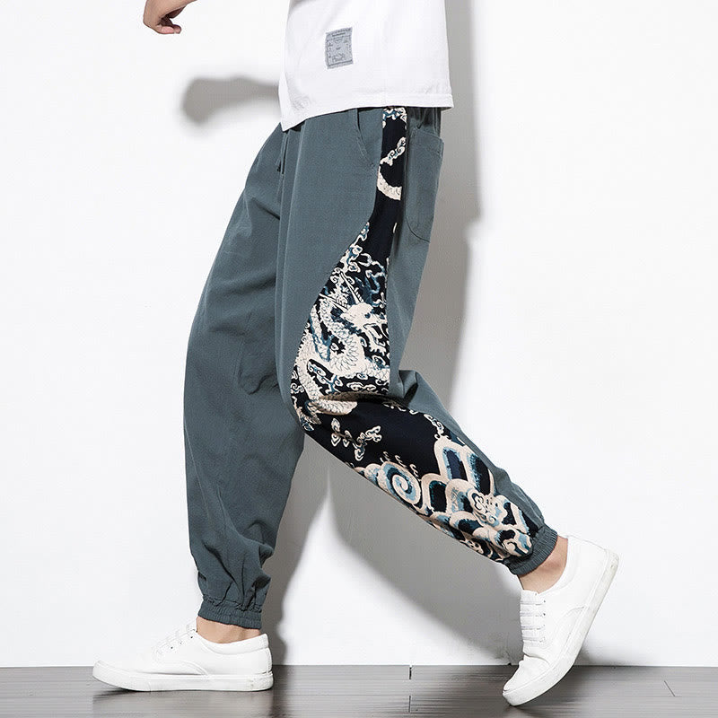 Buddha Stones夏 ドラゴンウェーブ コットン メンズ ポケット付きパンツ - パウダーブルー - US/UK/AU46、 EU56 (5XL)  - image 1