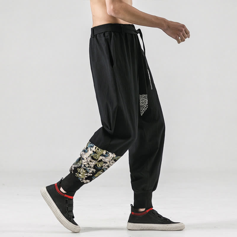 Buddha Stonesと海の波模様のレースアップメンズハーレムパンツ（ポケット付き） - image 5