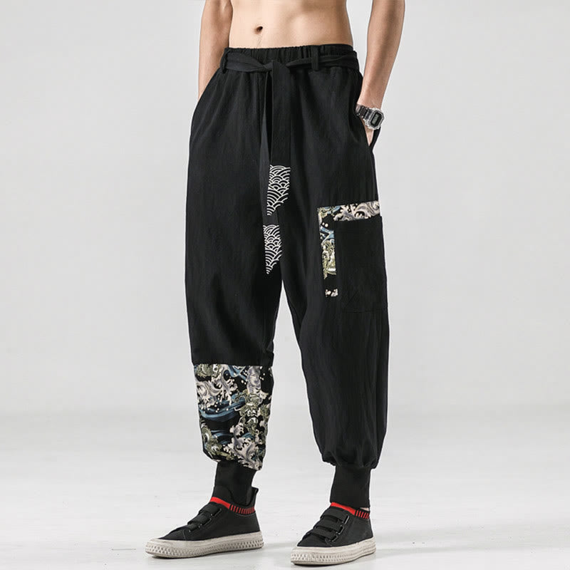 Buddha Stonesと海の波模様のレースアップメンズハーレムパンツ（ポケット付き） - image 3