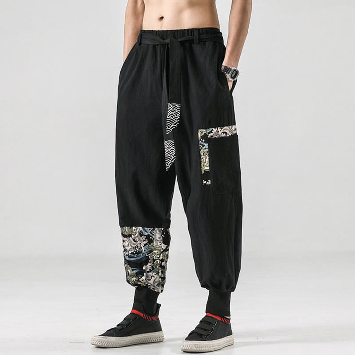 Buddha Stonesと海の波模様のレースアップメンズハーレムパンツ（ポケット付き） - image 3