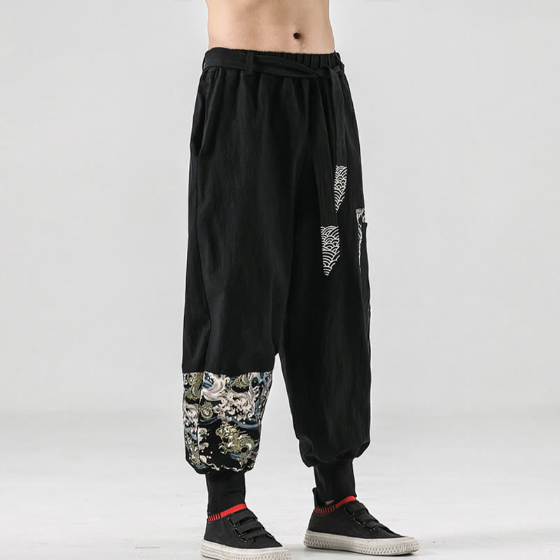 Buddha Stonesと海の波模様のレースアップメンズハーレムパンツ（ポケット付き） - image 1