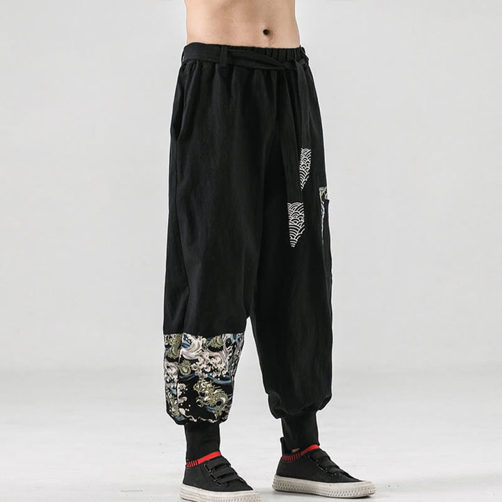 Buddha Stonesと海の波模様のレースアップメンズハーレムパンツ（ポケット付き） - image 1