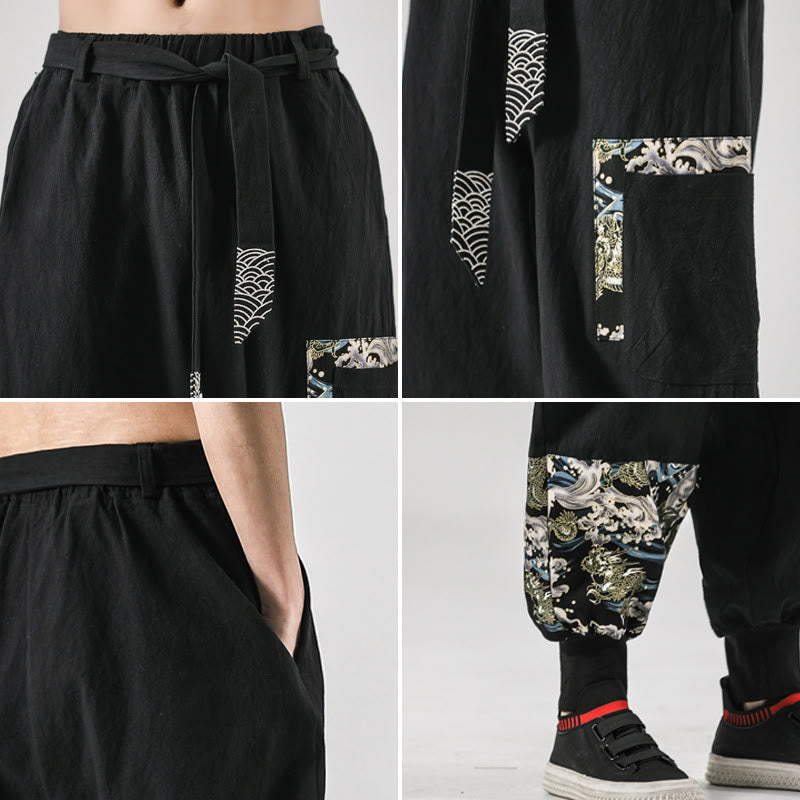 Buddha Stonesと海の波模様のレースアップメンズハーレムパンツ（ポケット付き） - image 4