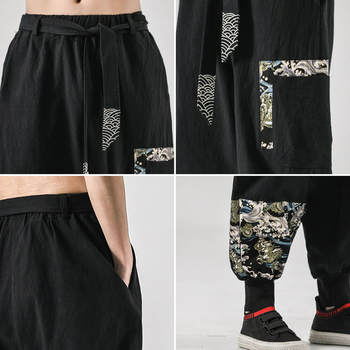 Buddha Stonesと海の波模様のレースアップメンズハーレムパンツ（ポケット付き） - image 4