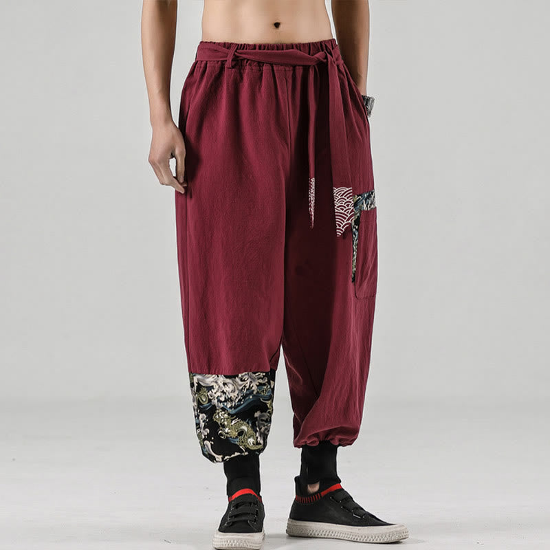 Buddha Stonesと海の波模様のレースアップメンズハーレムパンツ（ポケット付き） - image 14