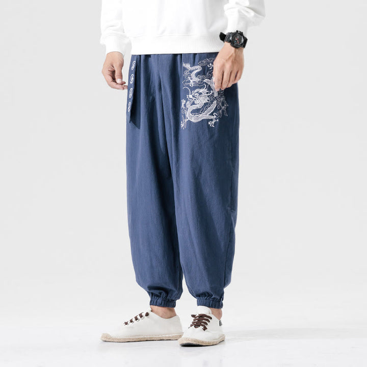 Buddha Stones、吉兆の雲、龍のコットンメンズパンツ（ポケット付き） - スチールブルー - US/UK/AU46、 EU56 (5XL) - image 7
