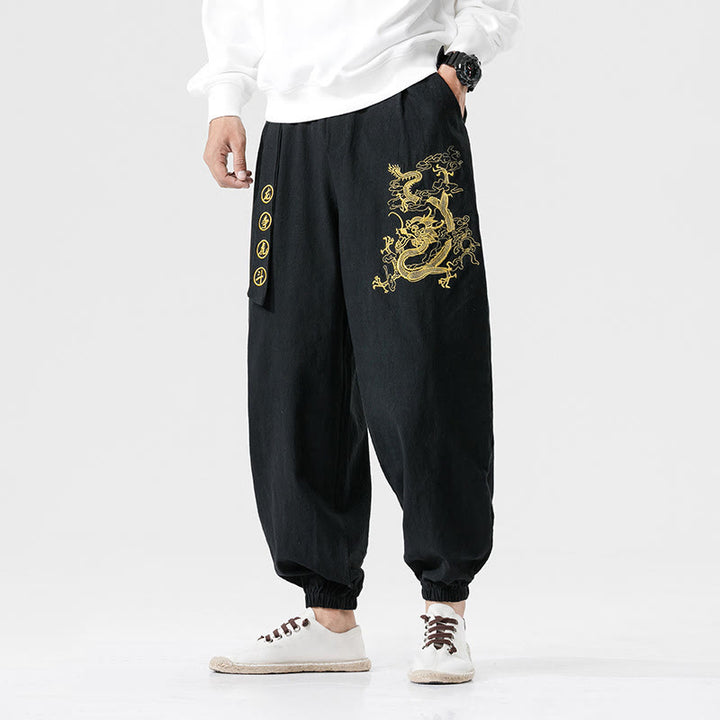 Buddha Stones、吉兆の雲、龍のコットンメンズパンツ（ポケット付き） - 黒 - US/UK/AU46、 EU56 (5XL) - image 1