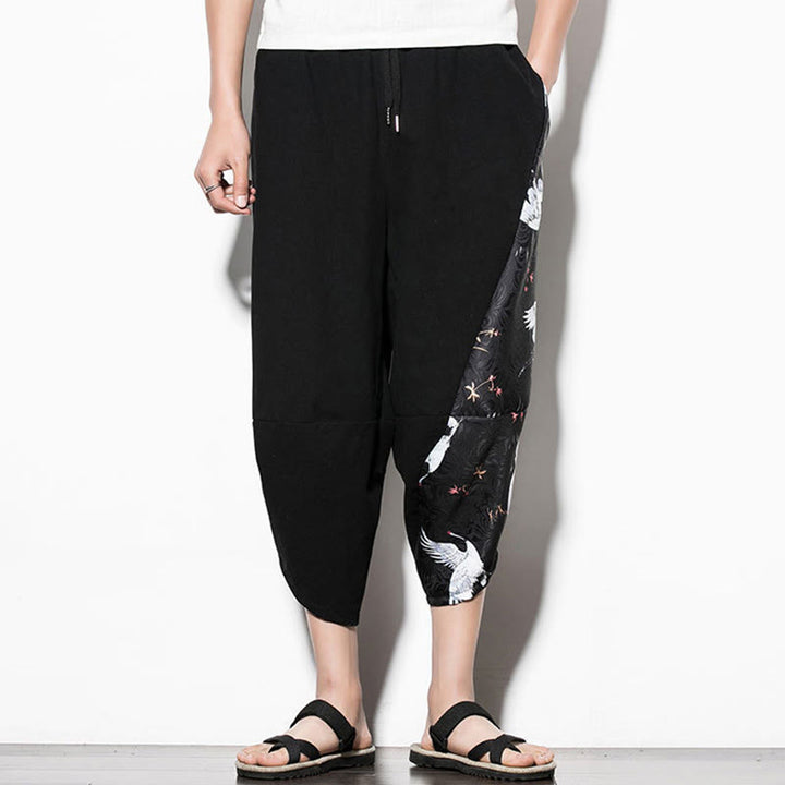 Buddha Stonesホワイトクレーンプリント コットン メンズ クロップド ハーレムパンツ ポケット付き - image 2