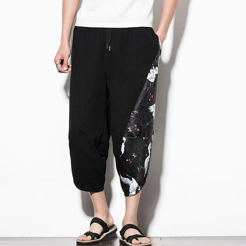 Buddha Stonesホワイトクレーンプリント コットン メンズ クロップド ハーレムパンツ ポケット付き - image 6