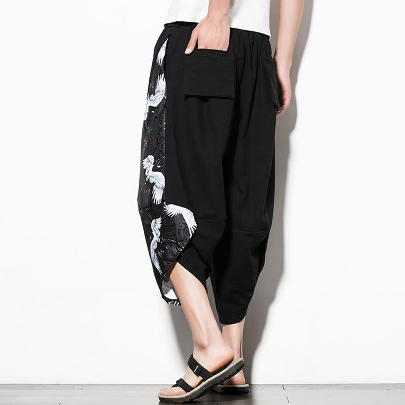 Buddha Stonesホワイトクレーンプリント コットン メンズ クロップド ハーレムパンツ ポケット付き - image 5