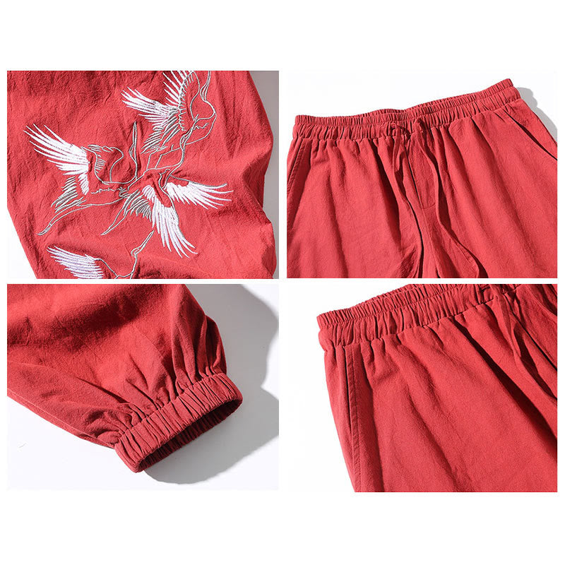 Buddha Stonesの白鶴刺繍デザイン ドローストリング メンズ ハーレムパンツ ポケット付き - image 21