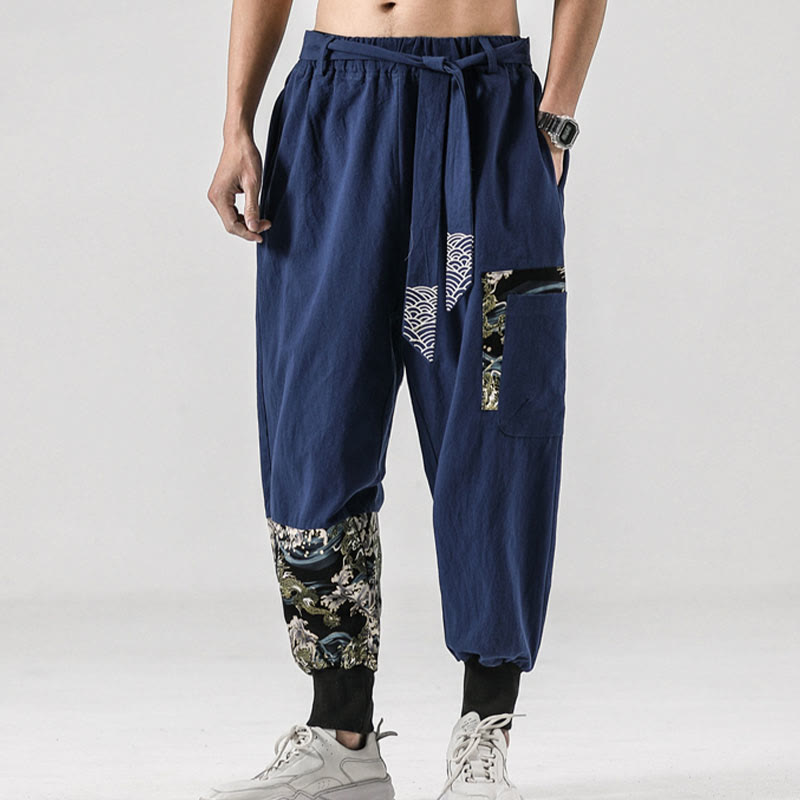 Buddha Stonesと海の波模様のレースアップメンズハーレムパンツ（ポケット付き） - image 36