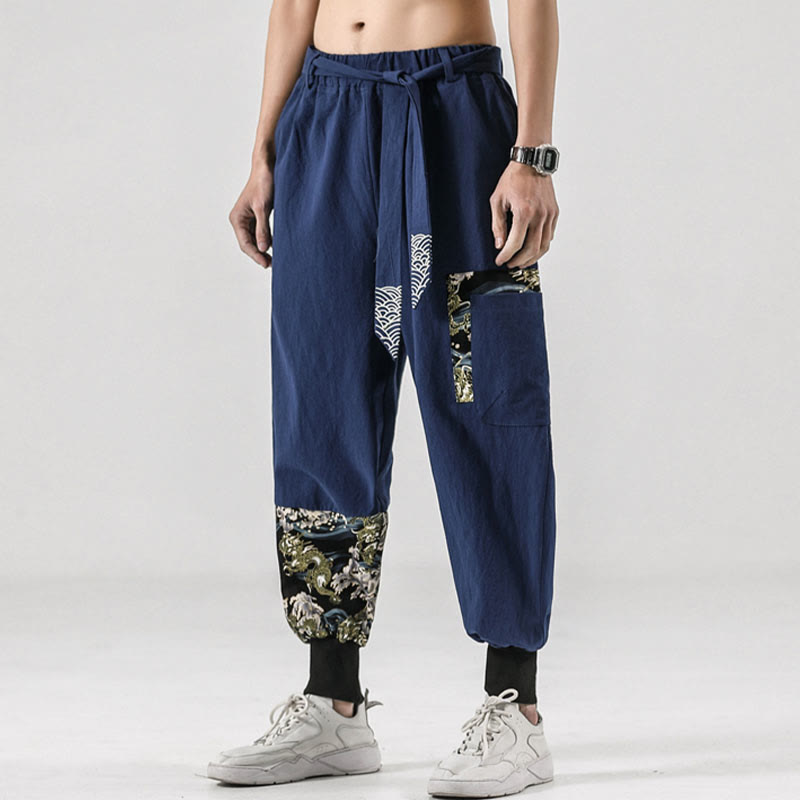 Buddha Stonesと海の波模様のレースアップメンズハーレムパンツ（ポケット付き） - image 35