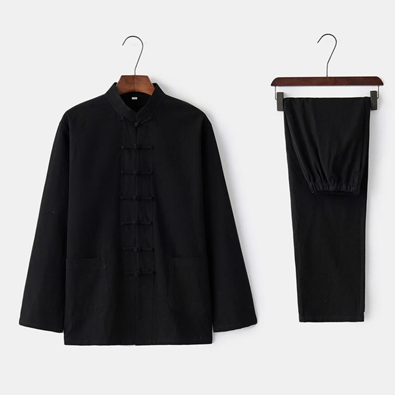 Buddha Stonesカエルボタン 唐草 長袖 シャツ パンツ メンズスーツ - 黒 - US/UK/AU44、 EU54 (4XL) - image 1