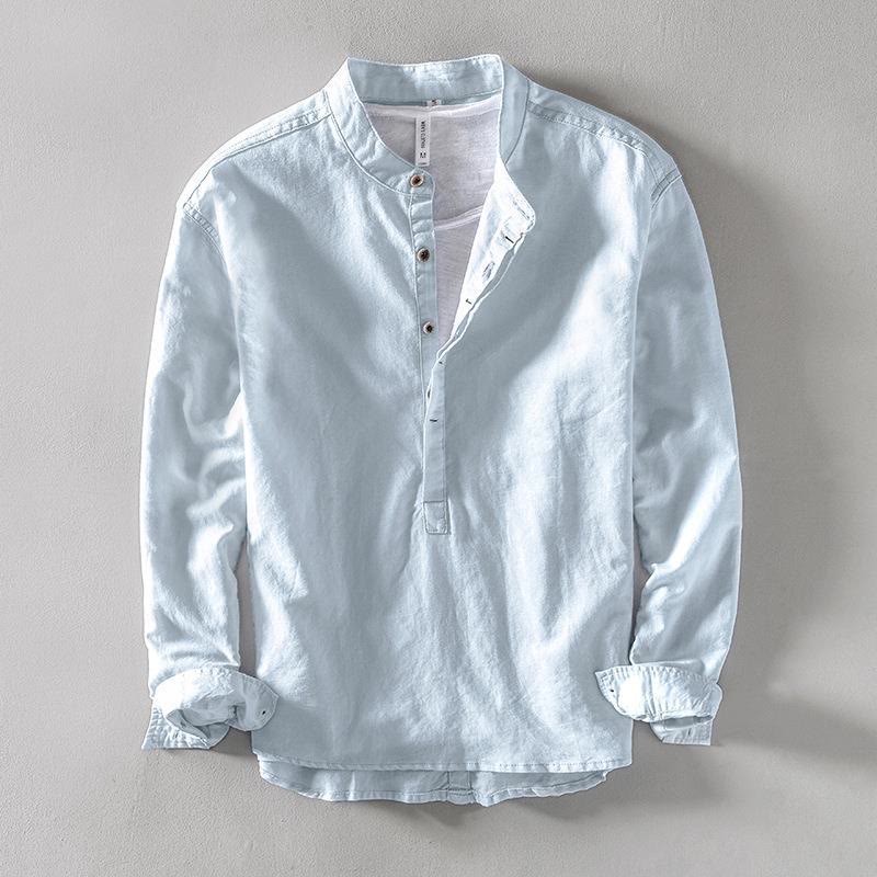 Buddha Stones メンズ コットンリネン 無地 長袖 ハーフボタンシャツ - ライトブルー - US/UK/AU40、 EU50 (2XL) - image 1