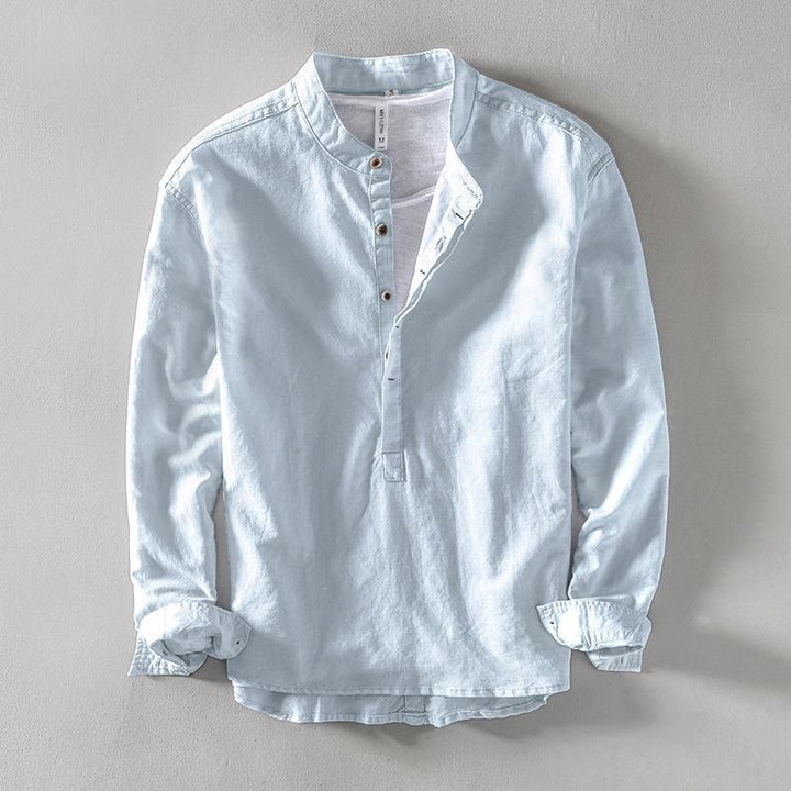 Buddha Stones メンズ コットンリネン 無地 長袖 ハーフボタンシャツ - ライトブルー - US/UK/AU40、 EU50 (2XL) - image 1