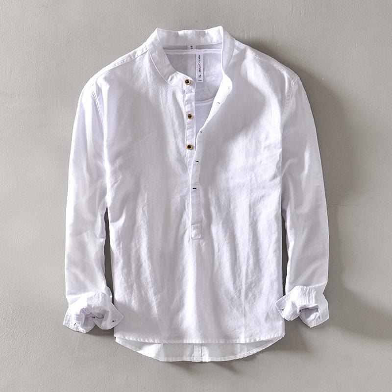 Buddha Stones メンズ コットンリネン 無地 長袖 ハーフボタンシャツ - 白 - US/UK/AU40、 EU50 (2XL) - image 2