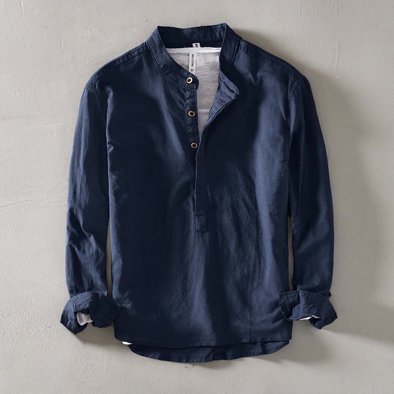 Buddha Stones メンズ コットンリネン 無地 長袖 ハーフボタンシャツ - スティールブルー - US/UK/AU40、 EU50 (2XL) - image 3