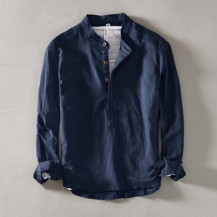 Buddha Stones メンズ コットンリネン 無地 長袖 ハーフボタンシャツ - スティールブルー - US/UK/AU40、 EU50 (2XL) - image 3
