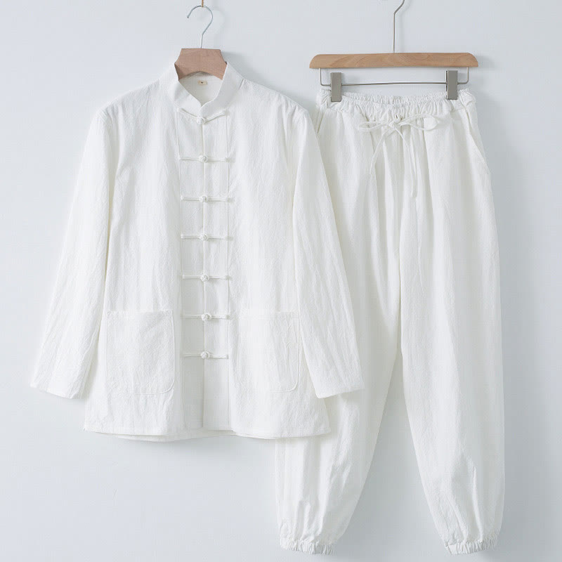 Buddha Stones瞑想カエルボタン唐草長袖シャツパンツメンズスーツ - 白シャツ＆白パンツ - US/UK/AU44、 EU54 (4XL) - image 1