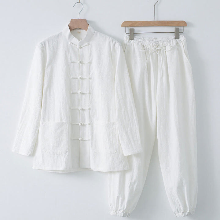 Buddha Stones瞑想カエルボタン唐草長袖シャツパンツメンズスーツ - 白シャツ＆白パンツ - US/UK/AU44、 EU54 (4XL) - image 1