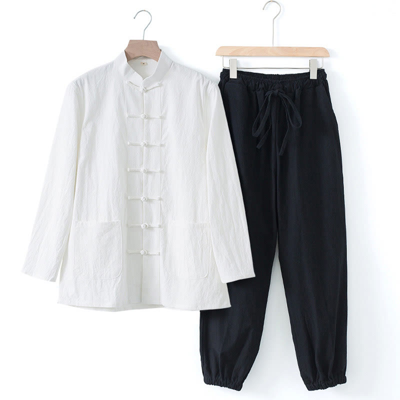 Buddha Stones瞑想カエルボタン唐草長袖シャツパンツメンズスーツ - 白シャツ＆黒パンツ - US/UK/AU44、 EU54 (4XL) - image 19