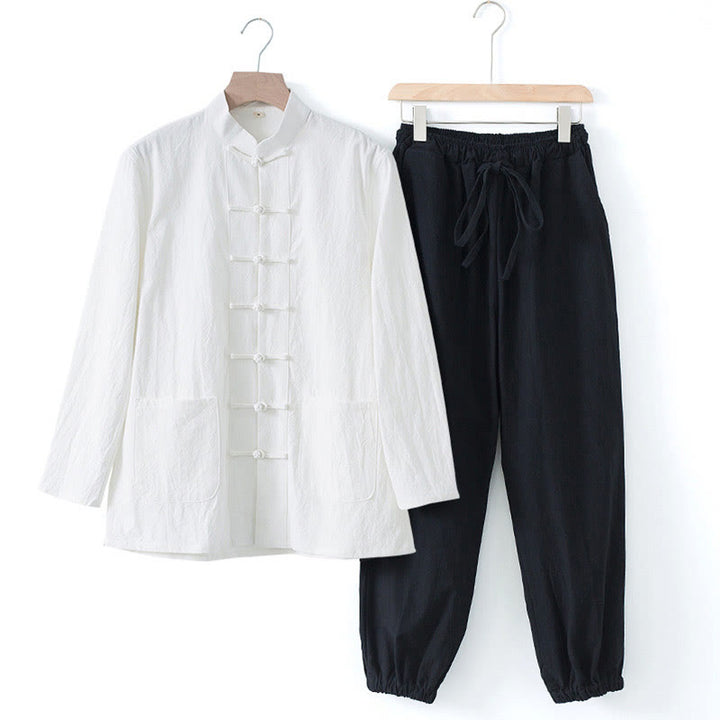 Buddha Stones瞑想カエルボタン唐草長袖シャツパンツメンズスーツ - 白シャツ＆黒パンツ - US/UK/AU44、 EU54 (4XL) - image 19