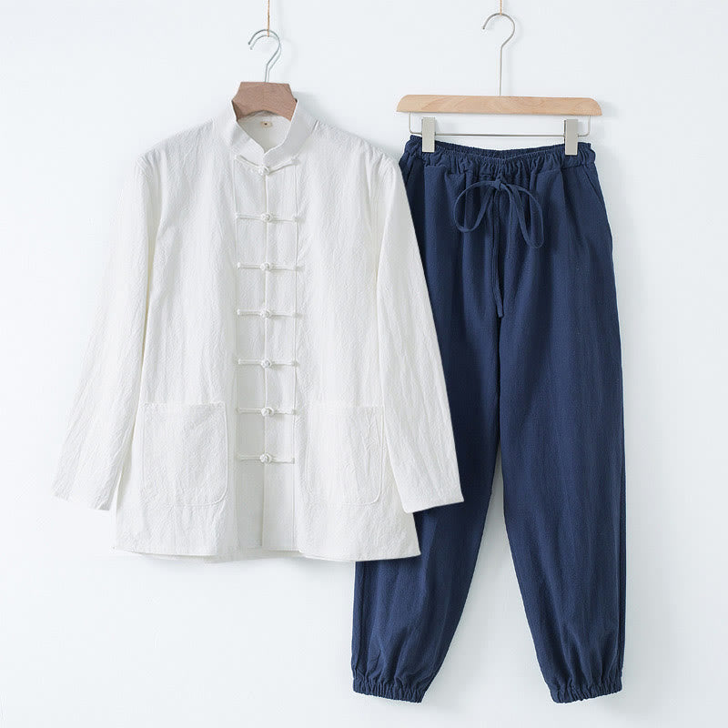 Buddha Stones瞑想カエルボタン唐草長袖シャツパンツメンズスーツ - 白シャツ＆濃紺パンツ - US/UK/AU44、 EU54 (4XL) - image 21