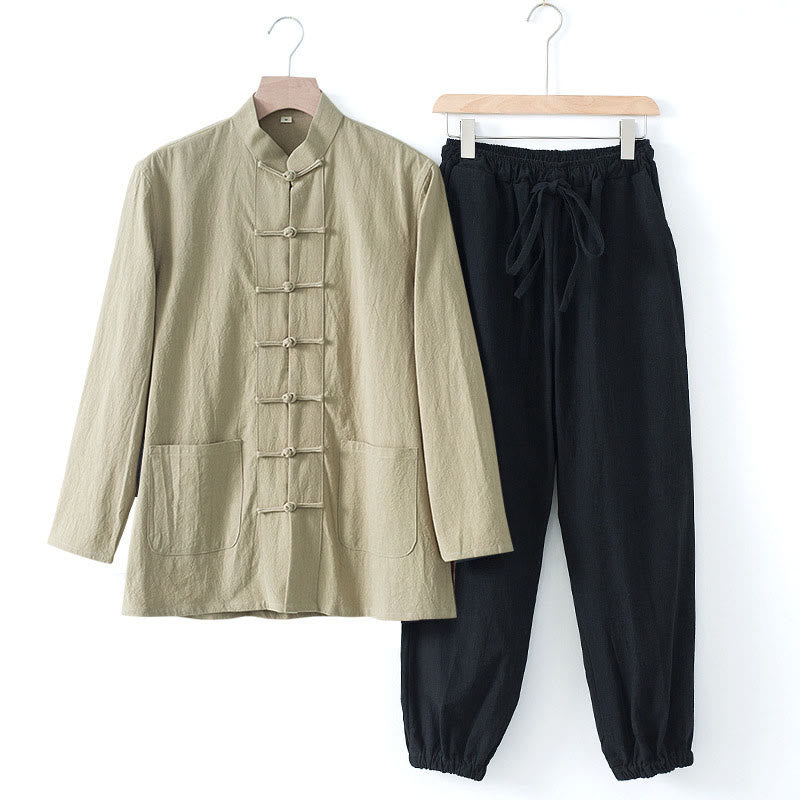 Buddha Stones瞑想カエルボタン唐草長袖シャツパンツメンズスーツ - タンシャツ＆ブラックパンツ - US/UK/AU44、 EU54 (4XL) - image 22