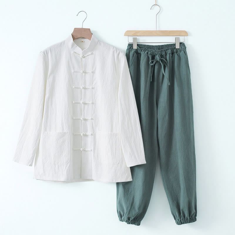 Buddha Stones瞑想カエルボタン唐草長袖シャツパンツメンズスーツ - ホワイトシャツ＆カデットブルーパンツ - US/UK/AU44、 EU54 (4XL) - image 20