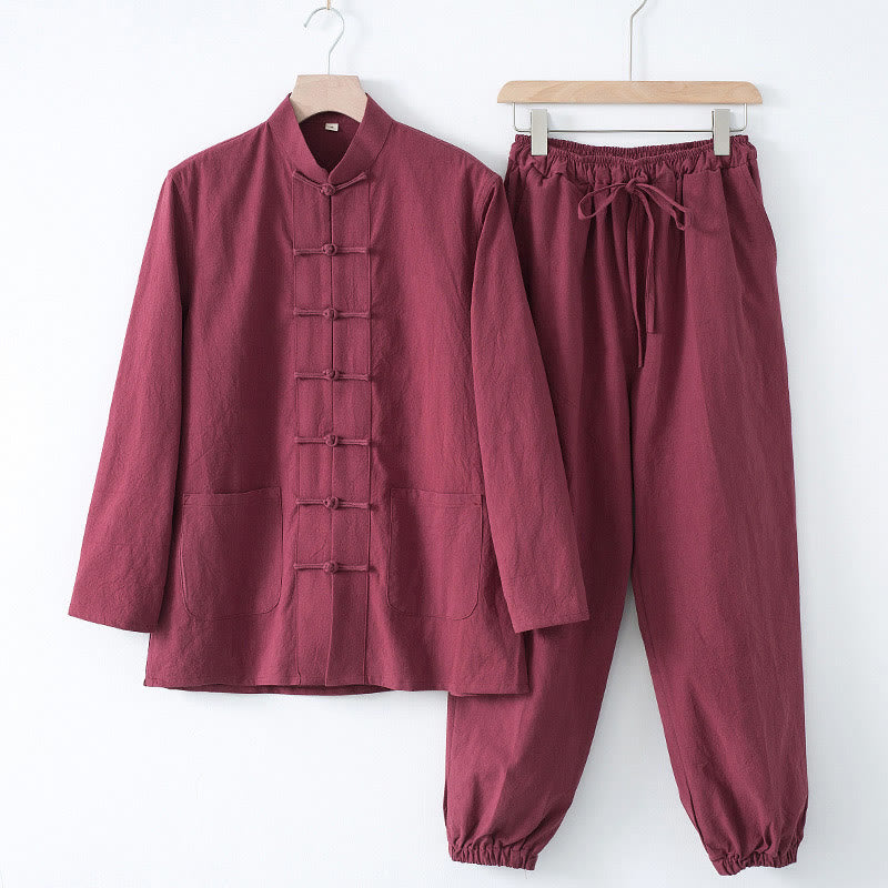 Buddha Stones瞑想カエルボタン唐草長袖シャツパンツメンズスーツ - マルーンシャツ＆マルーンパンツ - US/UK/AU44、 EU54 (4XL) - image 14