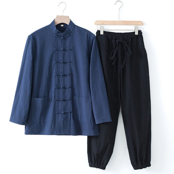 Buddha Stones瞑想カエルボタン唐草長袖シャツパンツメンズスーツ - ダークブルーのシャツと黒のパンツ - US/UK/AU44、 EU54 (4XL) - image 0