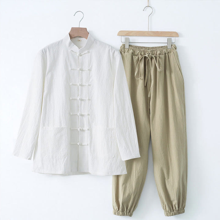 Buddha Stones瞑想カエルボタン唐草長袖シャツパンツメンズスーツ - ホワイトシャツ＆タンパンツ - US/UK/AU44、 EU54 (4XL) - image 18