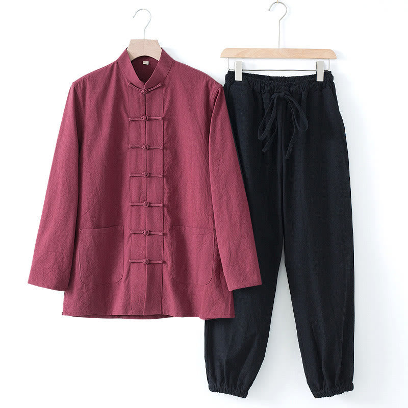 Buddha Stones瞑想カエルボタン唐草長袖シャツパンツメンズスーツ - マルーンシャツ＆ブラックパンツ - US/UK/AU44、 EU54 (4XL) - image 23