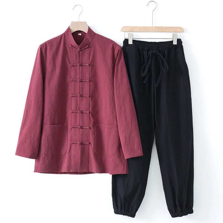 Buddha Stones瞑想カエルボタン唐草長袖シャツパンツメンズスーツ - マルーンシャツ＆ブラックパンツ - US/UK/AU44、 EU54 (4XL) - image 23