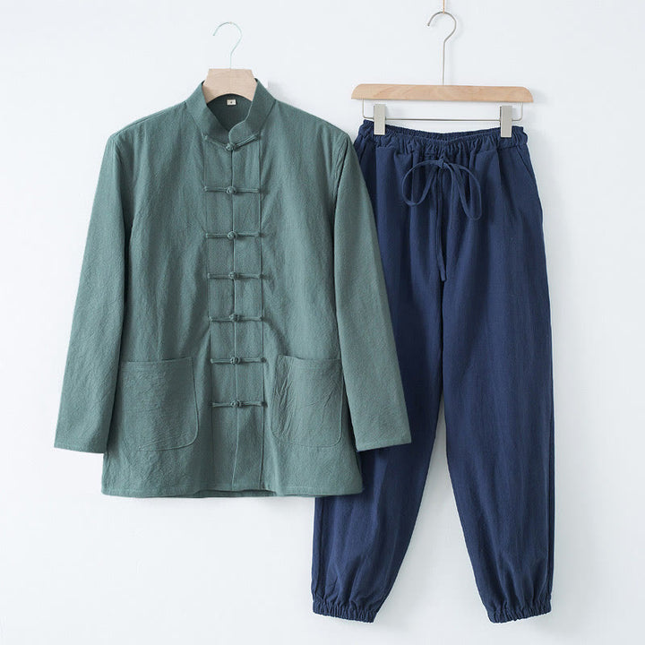 Buddha Stones瞑想カエルボタン唐草長袖シャツパンツメンズスーツ - カデットブルーシャツ＆ダークブルーパンツ - US/UK/AU44、 EU54 (4XL) - image 25