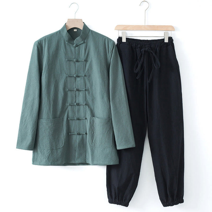 Buddha Stones瞑想カエルボタン唐草長袖シャツパンツメンズスーツ - カデットブルーシャツ＆ブラックパンツ - US/UK/AU44、 EU54 (4XL) - image 24